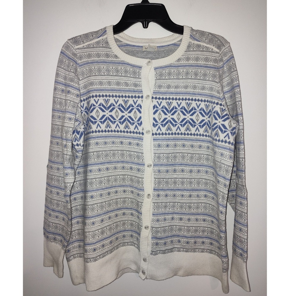 LL Bean Womens Large Cardigan Sweater Fair Isle Snowflake Cotton Cashmere 506115